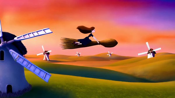 Minimax output for the prompt: Studio Ghibli style hand-drawn animation: a young girl flying on a broom over rolling green hills with windmills at sunset, hair blowing in the wind.