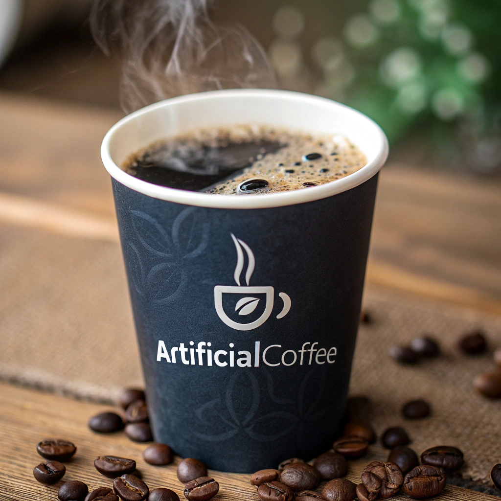A coffee cup with a logo below that says ArtificialCoffee