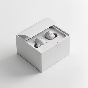 Flux 2 output for the prompt: Minimalist tech packaging: a matte white box slightly open revealing wireless earbuds, clean e-commerce background