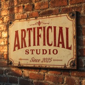 GPT Image 2 output for the prompt: A vintage enamel sign that reads "ARTIFICIAL STUDIO — Since 2025" in red and cream, mounted on a weathered brick wall, golden hour