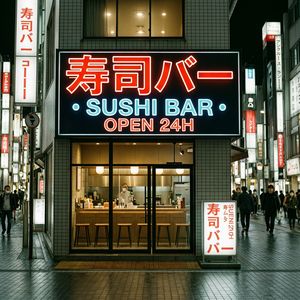 Wan 2.7 output for the prompt: A neon storefront sign in Tokyo at night, Japanese and English mixed: "寿司バー · SUSHI BAR · OPEN 24H"