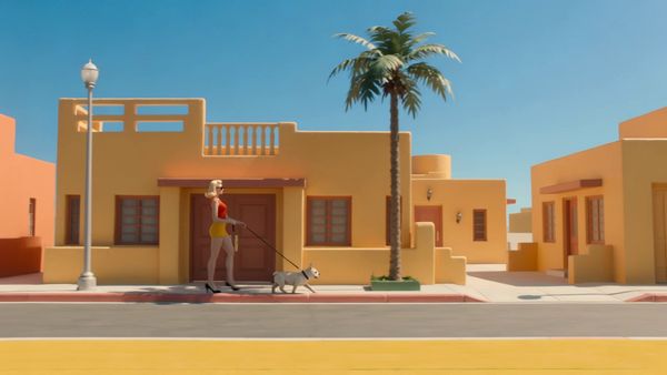 A realistic attractive blonde woman walking her dog on the streets of Palm Springs on a sunny day. The color palette features shades of yellow and orange, with a pop art style and a Wes Anderson-esque aesthetic. The wide-angle shot is captured with a vintage camera, resulting in a cinematic, high-resolution image with bright colors and beautiful details. The full-body portrait showcases the woman in her full length.