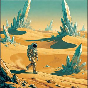 Grok Imagine output for the prompt: A Moebius (Jean Giraud) comic panel: an astronaut walking through a crystalline desert, flat cel shading, limited palette of ochre and teal