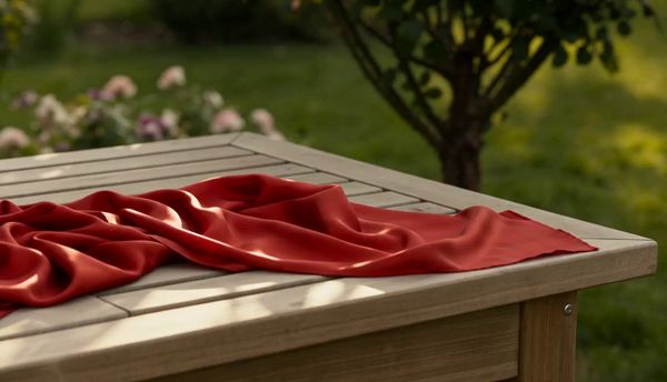 SeeDance 2.0 output for the prompt: A red silk scarf blows off a wooden table in a gentle breeze, drifting in slow motion across a sunlit garden before catching on a rosebush. 50mm lens.
