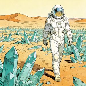 Seedream 4.5 output for the prompt: A Moebius (Jean Giraud) comic panel: an astronaut walking through a crystalline desert, flat cel shading, limited palette of ochre and teal