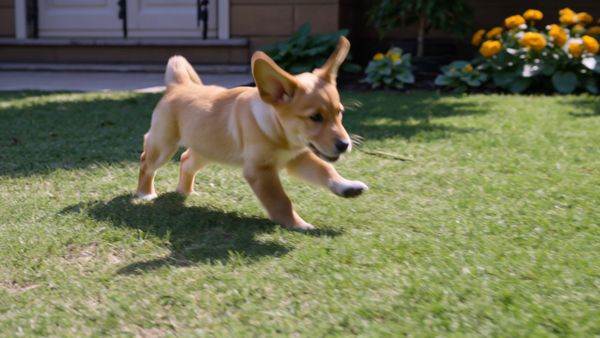 A little dog is running in the sunshine. The camera follows the dog as it plays in a garden.
