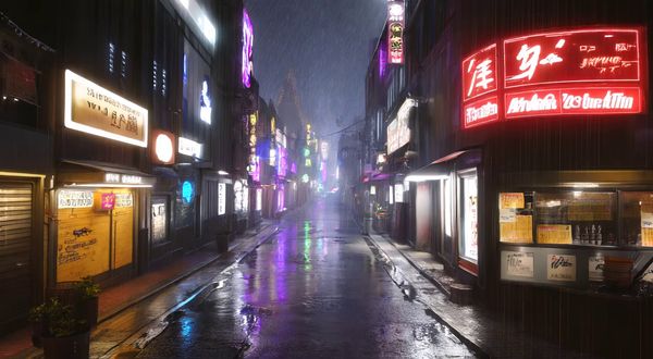 Wan v2.2 output for the prompt: Rain-soaked neon-lit Tokyo alley at 2am. A woman in a red vinyl coat walks past glowing ramen stalls, holographic ads flickering. Blade Runner 2049 aesthetic.