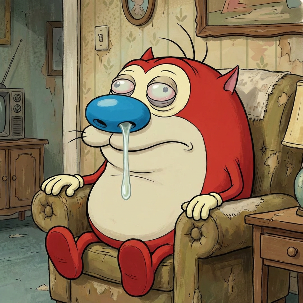 stimpy from "Ren & Stimpy" with snot hanging from his nose and a faraway look, literal realism cartoon style