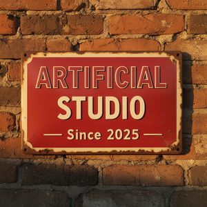 Flux 2 output for the prompt: A vintage enamel sign that reads "ARTIFICIAL STUDIO — Since 2025" in red and cream, mounted on a weathered brick wall, golden hour