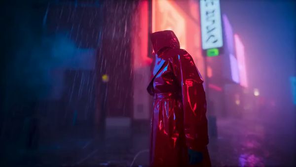 Mochi output for the prompt: Rain-soaked neon-lit Tokyo alley at 2am. A woman in a red vinyl coat walks past glowing ramen stalls, holographic ads flickering. Blade Runner 2049 aesthetic.