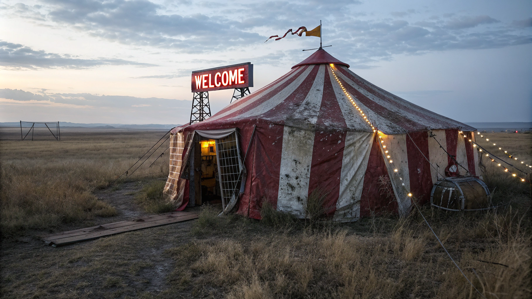 a hyper real cinematic photo of an old ripped and rusted red and white striped tent with a broken old 19 50's style red rusty neon sign 'welcome', vast wide angle landscape, the tent is in the middle of an old texas dry field at dusk, we see lights on in the tent and half the broken neon sign "welcome" is partly lit up, some broken letters, light comes out of the circus tent doorway and illuminates an old rusted cage with an old clown inside the cage, High definition photograph. 