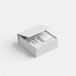 Grok Imagine output for the prompt: Minimalist tech packaging: a matte white box slightly open revealing wireless earbuds, clean e-commerce background