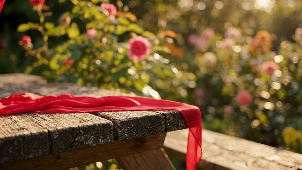 Google Veo 3.1 Lite output for the prompt: A red silk scarf blows off a wooden table in a gentle breeze, drifting in slow motion across a sunlit garden before catching on a rosebush. 50mm lens.