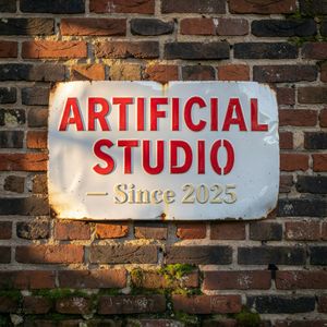 Grok Imagine output for the prompt: A vintage enamel sign that reads "ARTIFICIAL STUDIO — Since 2025" in red and cream, mounted on a weathered brick wall, golden hour