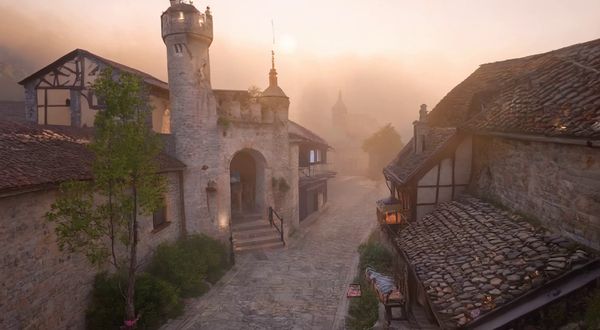 Wan v2.2 output for the prompt: Aerial crane shot descending over a medieval European village at dawn. Fog clinging to cobblestone streets, a baker pulling bread from a stone oven. Warm golden hour light.