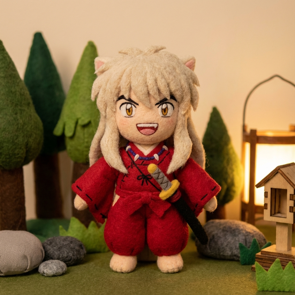 Full body Inuyasha toy, made entirely of soft felt with rich and plush textures. Includes signature felt accessories and a friendly, cartoonish appearance. The character has a cute, expressive look that matches their personality. Scene is set in an environment that fits the character’s world, with immersive lighting and a cozy, handcrafted vibe. High detail, warm and charming aesthetic.