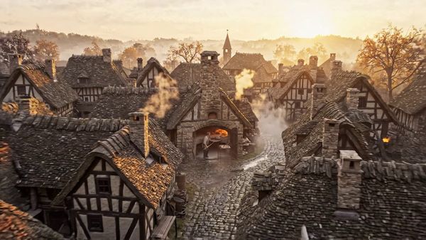 Google Veo 3.1 Lite output for the prompt: Aerial crane shot descending over a medieval European village at dawn. Fog clinging to cobblestone streets, a baker pulling bread from a stone oven. Warm golden hour light.