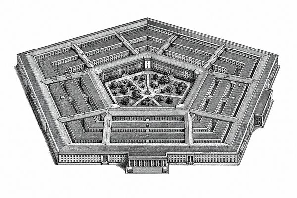 Vintage 19th-century engraving illustration, black ink cross-hatching, aerial view of the Pentagon building in Washington (five-sided building), isolated on a pure white background, no text, no frame