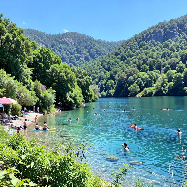 a peaceful lakeside surrounded by lush greenery and forested hills. People are enjoying activities near the shoreline, including swimming and kayaking in the clear blue water. The vibrant vegetation and blue sky create a serene and inviting atmosphere.