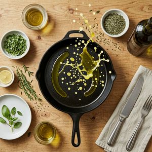 Wan 2.7 output for the prompt: Overhead flat lay of a chef's station mid-service: cast iron pan, scattered herbs, a splatter of olive oil frozen mid-air
