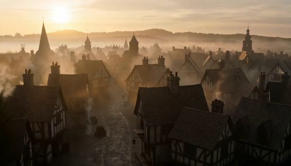 SeeDance 2.0 output for the prompt: Aerial crane shot descending over a medieval European village at dawn. Fog clinging to cobblestone streets, a baker pulling bread from a stone oven. Warm golden hour light.
