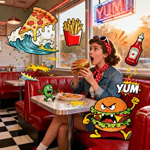 {
  "scene_description": "A vibrant, mixed-media masterpiece featuring a photorealistic girl eating at a diner, surrounded by a chaotic swarm of maximalist fast-food monsters.",
  "subject": {
    "type": "Playful young woman",
    "attire": "Retro-style denim jacket, red polka-dot scarf, sunglasses on head",
    "position": "Sitting in a red leather diner booth, holding a burger",
    "expression": "Shocked but amused, looking at a floating doodle pizza"
  },
  "action": {
    "primary": "Eating lunch",
    "effect": "Her food is coming to life in 2D form"
  },
  "illustration_layer": {
    "style": "Thick-line Pop Art cartoons",
    "creatures": [
      "Pizza slices surfing on cheese waves",
      "Burger beasts with lettuce tongues",
      "Angry French fry box",
      "Flying ketchup bottles."
    ],
    "graphics": "Mustard splashes, sesame seeds, heat lines, 'YUM' text bursts",
    "colors": "Ketchup Red, Mustard Yellow, Lettuce Green"
  },
  "environment": {
    "setting": "Retro American Diner",
    "background_elements": ["Checkerboard floor", "Neon sign in window"]
  },
  "lighting": {
    "style": "Warm Diner Glow",
    "key_light": {
      "type": "Window light",
      "color": "Warm afternoon sun"
    }
  },
  "style": {
    "medium": "Mixed Media Photography",
    "aesthetic": "Retro-pop, savory, chaotic",
    "quality": "Ultra-detailed textures vs flat cartoons"
  }
}