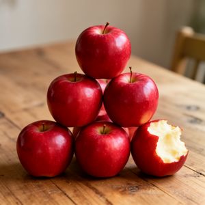 Flux 2 output for the prompt: Exactly 7 red apples arranged in a pyramid on a wooden table, one apple with a bite taken out of it on the right side
