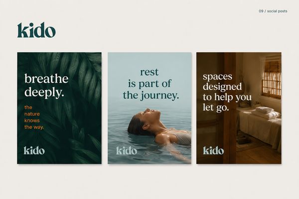 Take cell 9 (bottom-right, "Social posts") from the attached brand kit reference image and recreate it as a full-bleed standalone brand book page.

Keep EXACTLY the same visual language: typography, colors, mood, composition style. Same brand "Kido".

Layout it as a single editorial brand book page in landscape format. Add a small page label "09" or "social posts" in the top corner. Generous margins, designer-grade.