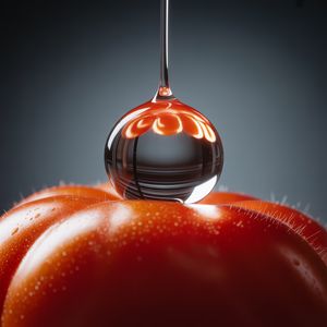 Ideogram V3 output for the prompt: Close-up macro shot of a drop of water sliding down a ripe tomato, studio lighting, 100mm lens, f/2.8