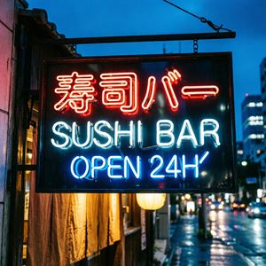 Qwen Image 2 output for the prompt: A neon storefront sign in Tokyo at night, Japanese and English mixed: "寿司バー · SUSHI BAR · OPEN 24H"