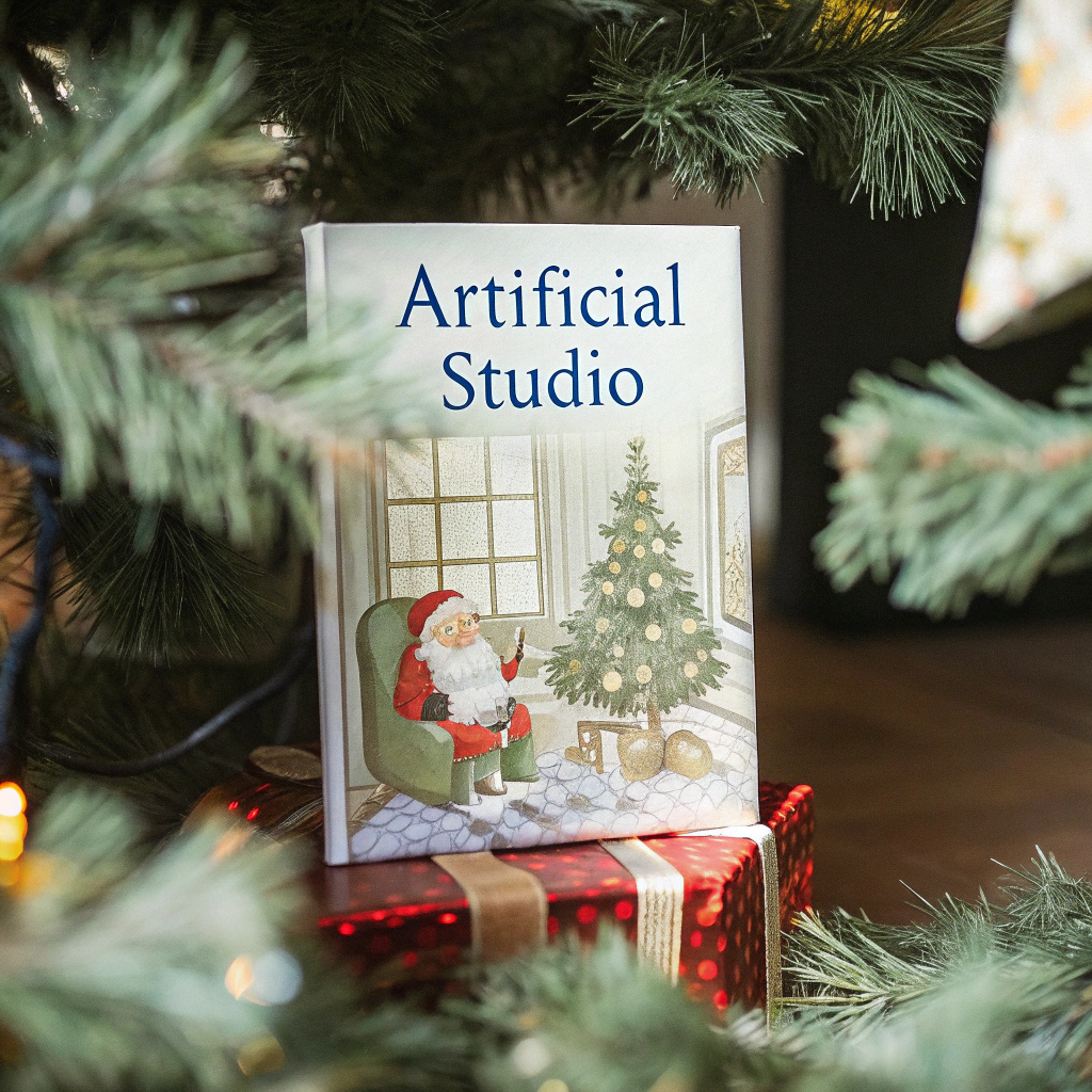 Cover of a Christmas book called 'Artificial Studio' which features a drawing of Santa Claus, the book is on top of red gifts, in a cozy setting next to a Christmas tree.