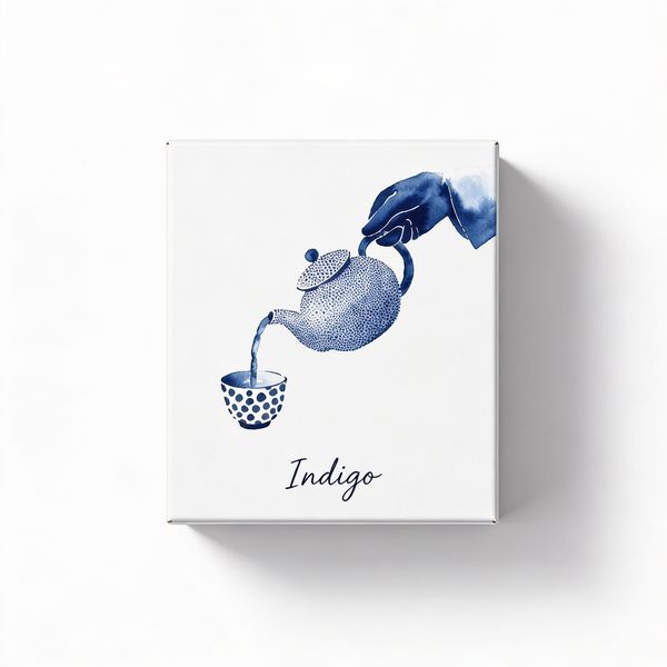 Put this image on a minimalist, luxury tea box; the box is white. The tea brand name "Indigo" is written in lowercase handwritten letters, super simple.