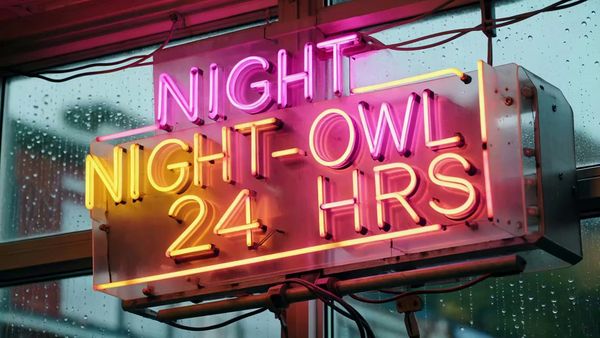 SeeDance 1.0 Lite output for the prompt: Extreme close-up of a neon diner sign flickering on that reads "NIGHT OWL — 24 HRS" in pink and yellow tubes, rain streaming down the glass behind it. 1990s aesthetic.