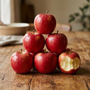 Nano Banana 2 output for the prompt: Exactly 7 red apples arranged in a pyramid on a wooden table, one apple with a bite taken out of it on the right side