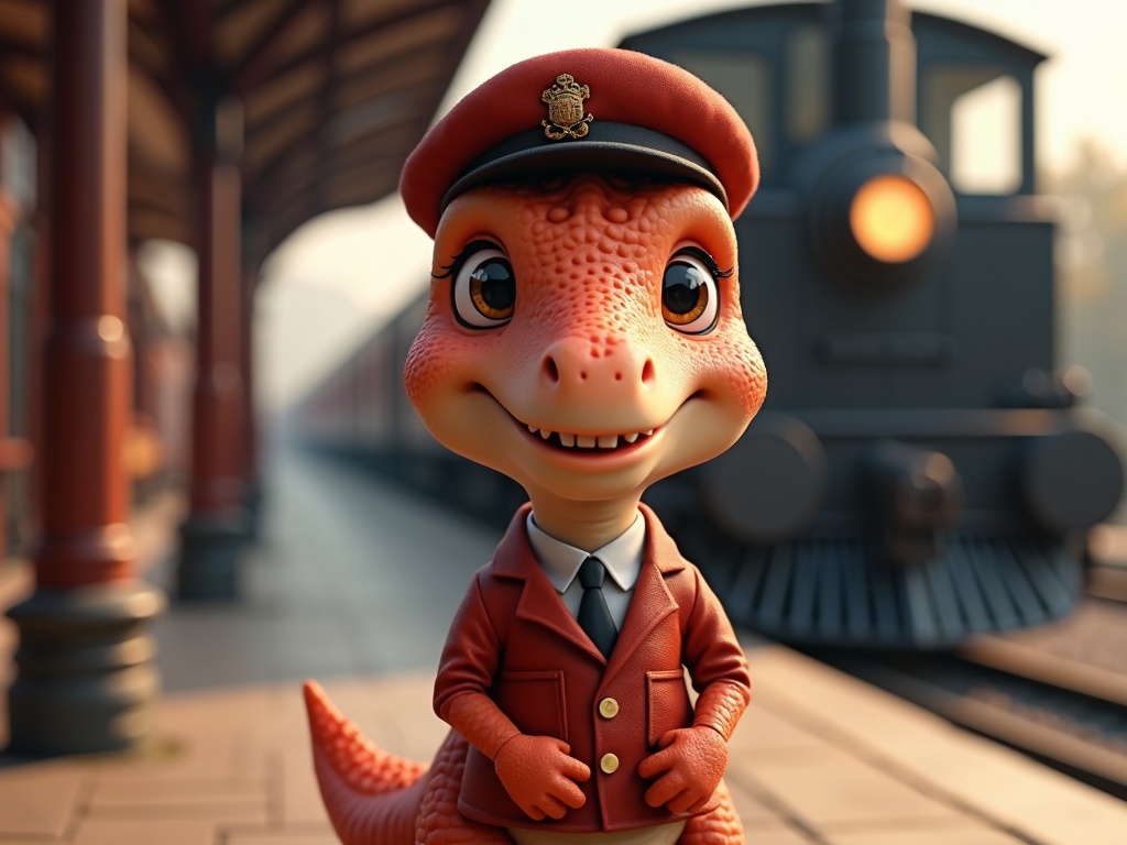 a real cute pale red baby dinosaur (tyrannosaurus child) with big eyes, smiling with mouth slightly open dressed as a station attendant with a black locomotive in the background. Cute smile, pink cheeks, bright old train platform background, ultra realistic, hight quality, 4K