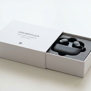 Nano Banana 2 output for the prompt: Minimalist tech packaging: a matte white box slightly open revealing wireless earbuds, clean e-commerce background