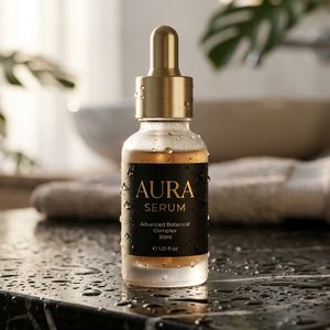 Nano Banana 2 output for the prompt: Premium skincare bottle on a black marble surface, water droplets, soft rim light, label reads "AURA Serum 30ml"