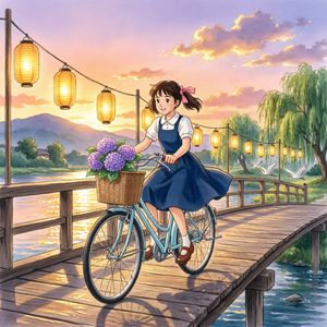 Qwen Image 2 output for the prompt: A Studio Ghibli-style animation still of a girl on a bicycle crossing a bridge at sunset, lanterns in the trees