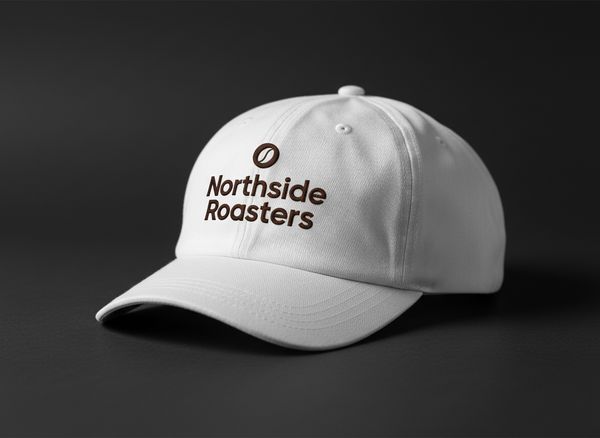 A white baseball cap on a dark background, 3/4 view