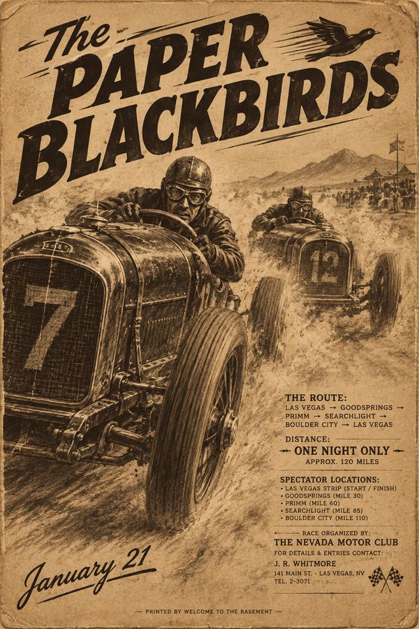 an antique, sepia toned italian motor racing advertisement from 1920. the poster depicts a close up, dynamic sketch of two vintage race cars kicking up dust. the drivers wear period appropriate leather helmets and goggles. stylized, bold text at the top announces "The Paper Blackbirds". in the lower right corner, detailed text lists the race route, distance of "One Night Only", spectator locations, and organizer contact details in Las Vegas "January 21" is signed in the bottom left, and the printer name "Welcome to the Basement" is noted at the bottom margin.