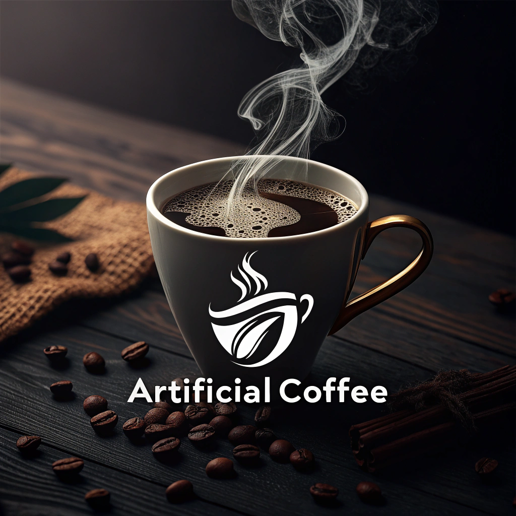 A coffee cup with a logo below that says ArtificialCoffee