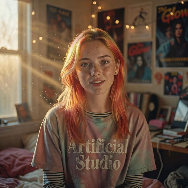 The photo: Create a cinematic, photorealistic medium shot capturing the nostalgic warmth of a late 90s indie film. The focus is a young woman with brightly dyed pink-gold hair and freckled skin, looking directly and intently into the camera lens with a hopeful yet slightly uncertain smile, she is slightly off-center. She wears an oversized, vintage band t-shirt that says "Artificial Studio" (slightly worn) over a long-sleeved striped top and simple silver stud earrings. The lighting is soft, golden hour sunlight streaming through a slightly dusty window, creating lens flare and illuminating dust motes in the air. The background shows a blurred, cluttered bedroom with posters on the wall and fairy lights, rendered with a shallow depth of field. Natural film grain, a warm, slightly muted color palette, and sharp focus on her expressive eyes enhance the intimate, authentic feel
