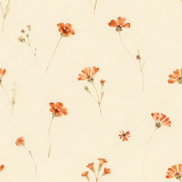 Small hand-painted terracotta wildflowers scattered on a warm cream background, loose watercolor style, botanical, sparse and airy.