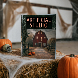 Cover o a halloween book named 'Artificial Studio', with a dark farm setting, with pumpkins and macabre things