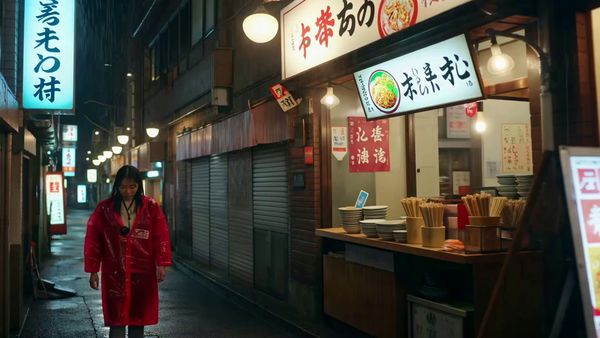 SeeDance 1.0 Lite output for the prompt: Rain-soaked neon-lit Tokyo alley at 2am. A woman in a red vinyl coat walks past glowing ramen stalls, holographic ads flickering. Blade Runner 2049 aesthetic.