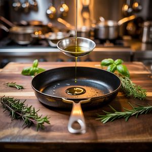Ideogram V3 output for the prompt: Overhead flat lay of a chef's station mid-service: cast iron pan, scattered herbs, a splatter of olive oil frozen mid-air