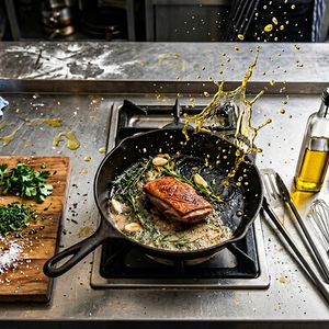 Nano Banana 2 output for the prompt: Overhead flat lay of a chef's station mid-service: cast iron pan, scattered herbs, a splatter of olive oil frozen mid-air