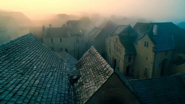Minimax output for the prompt: Aerial crane shot descending over a medieval European village at dawn. Fog clinging to cobblestone streets, a baker pulling bread from a stone oven. Warm golden hour light.
