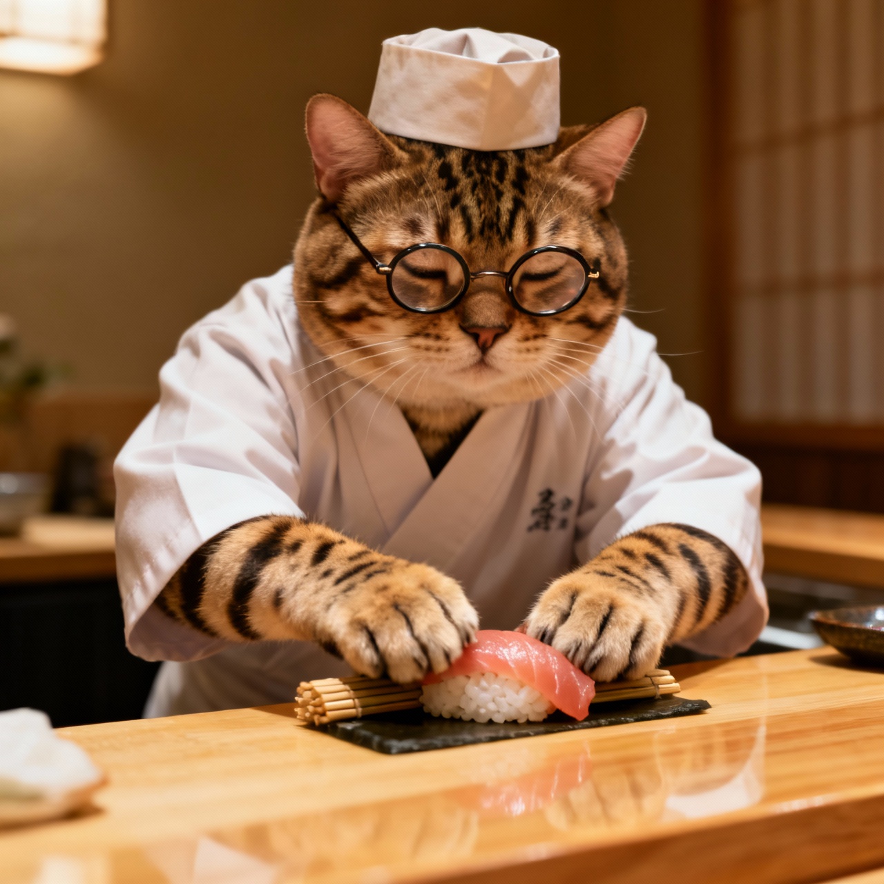 a real and adorable fat cute Bengal Japanese cat chef wearing round glasses and a neat chef's uniform and mini hat, with a serene expression, expertly forming sushi with its paws on a polished wooden sushi counter, warm and cozy atmosphere of a private omakase restaurant. soft lighting, shallow depth of field focusing on the cat's hands and the sushi. IMG_2094.CR2