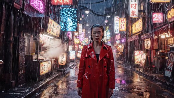 Google Veo 3.1 Lite output for the prompt: Rain-soaked neon-lit Tokyo alley at 2am. A woman in a red vinyl coat walks past glowing ramen stalls, holographic ads flickering. Blade Runner 2049 aesthetic.